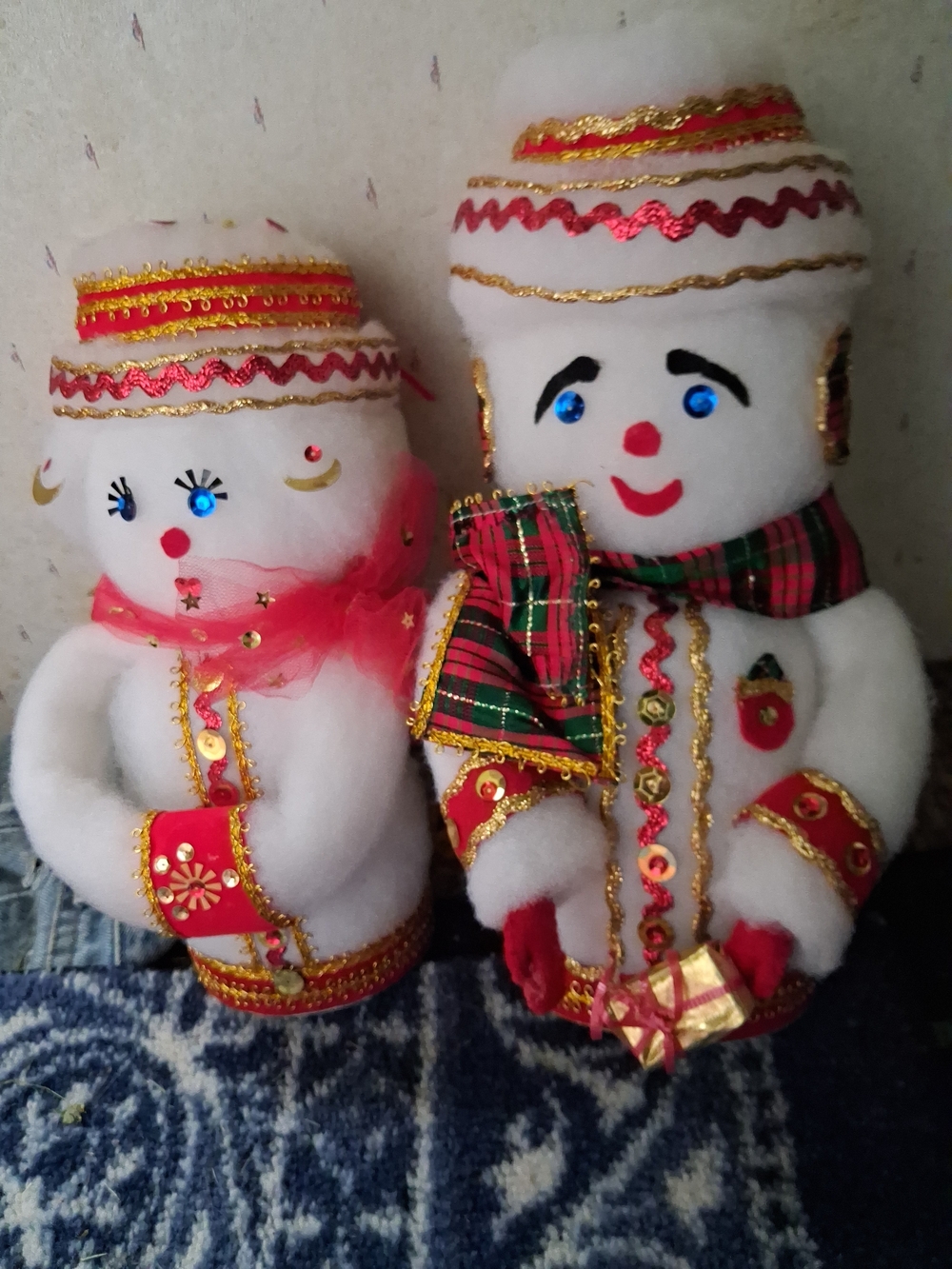 Pair of Festive White Plush Snowmen with Red & Gold Trim